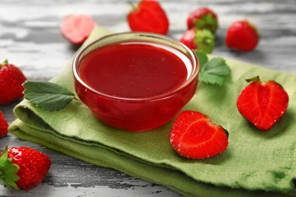 Bowl Delicious Strawberry Jam Wooden Table Closeup — Stock Photo, Image