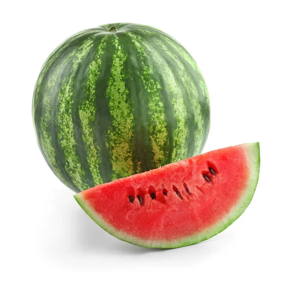 Reife Wassermelone Mit Scheibe Auf Weißem Hintergrund — Stockfoto