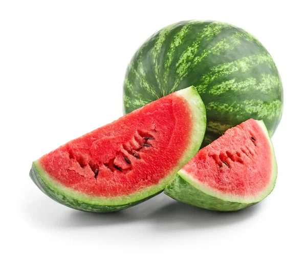 Rijpe Watermeloen Met Plakjes Witte Achtergrond — Stockfoto