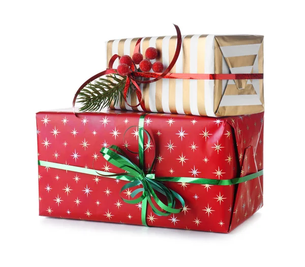 Belle Scatole Regalo Natale Sfondo Bianco — Foto Stock