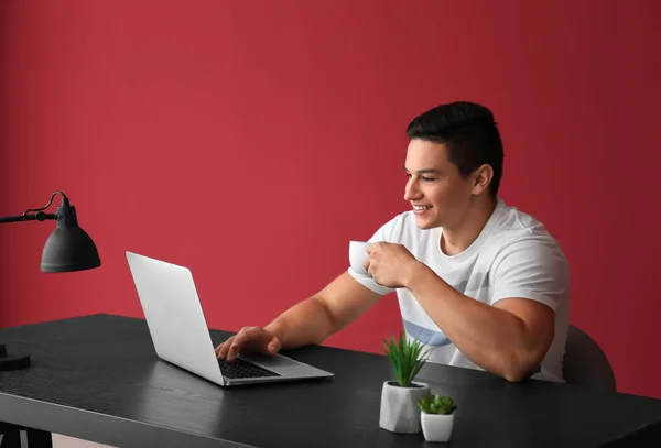 Junge Freiberuflerin Trinkt Kaffee Und Arbeitet Hause Laptop — Stockfoto