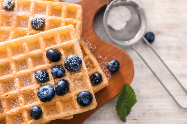 Delicious Waffles Blueberries Board Closeup — Stock Photo, Image