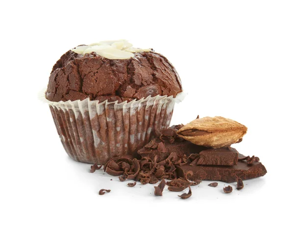 Sweet Tasty Chocolate Muffin Almonds White Background — Stock Photo, Image