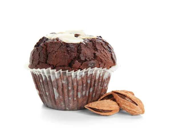 Doux Muffin Chocolat Avec Des Amandes Sur Fond Blanc — Photo