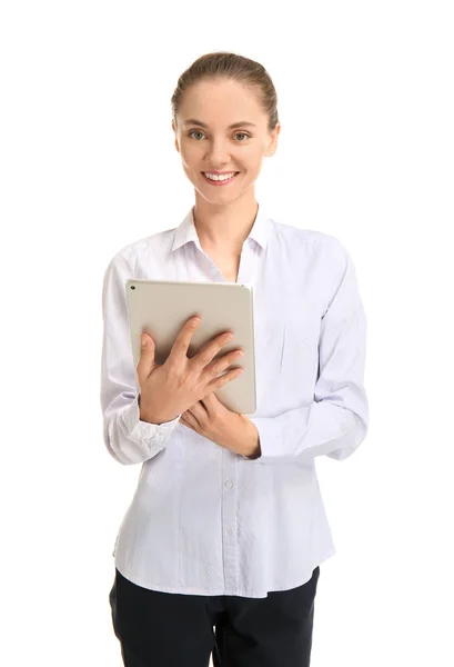 美丽的女商人与平板电脑在白色背景 — 图库照片