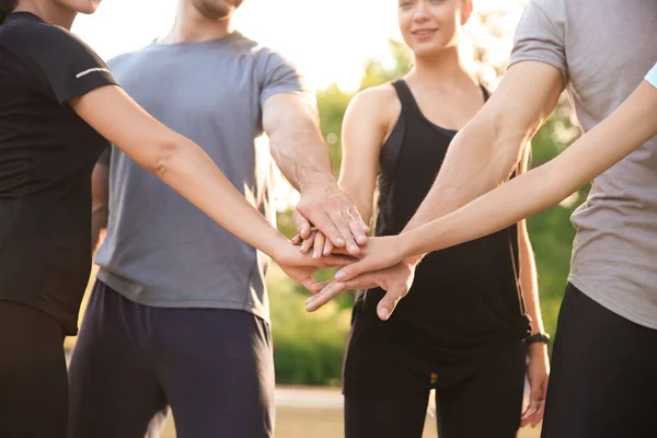 Group Sporty People Putting Hands Together Outdoors — Stock Photo, Image