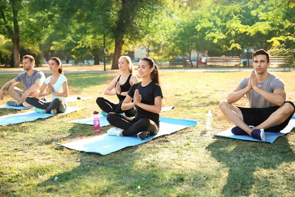 Grupo Deportistas Practicando Yoga Parque — Foto de Stock