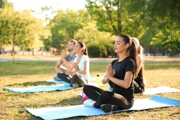 Grupo Deportistas Practicando Yoga Parque — Foto de Stock