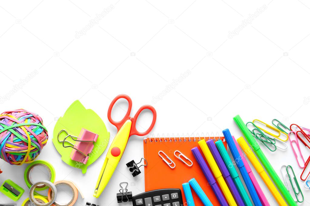 Set of school stationery on white background