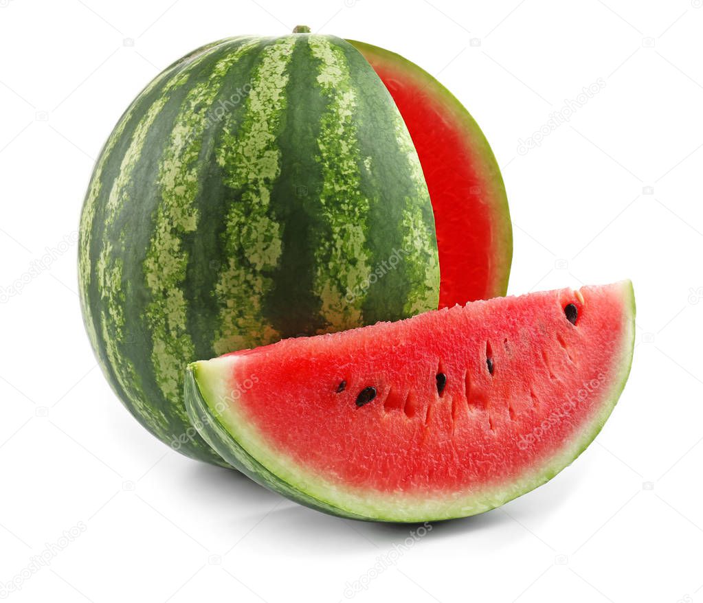 Ripe watermelon with slice on white background
