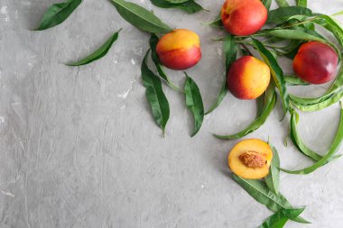 Gri arka plan üzerinde taze tatlı şeftali