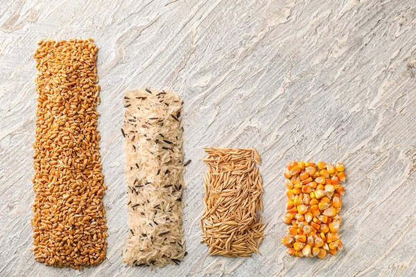 Diferentes Tipos Granos Cereales Mesa Madera Clara —  Fotos de Stock