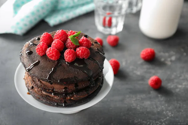 Dessert Stand Tasty Chocolate Pancakes Raspberries Table — Stock Photo, Image