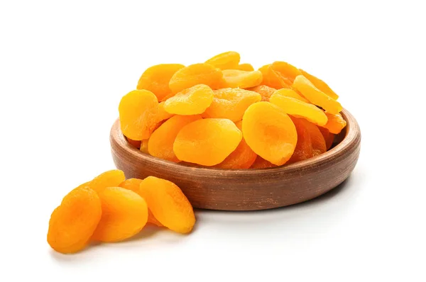 Bowl Dried Apricots White Background — Stock Photo, Image
