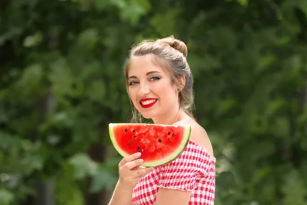 Beautiful Young Woman Slice Tasty Watermelon Outdoors — Stock Photo, Image