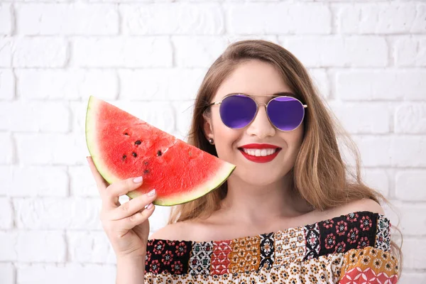 Beautiful Young Woman Slice Tasty Watermelon Brick Wall — Stock Photo, Image