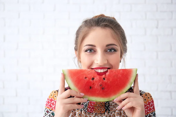 Beautiful Young Woman Slice Tasty Watermelon Light Background — Stock Photo, Image