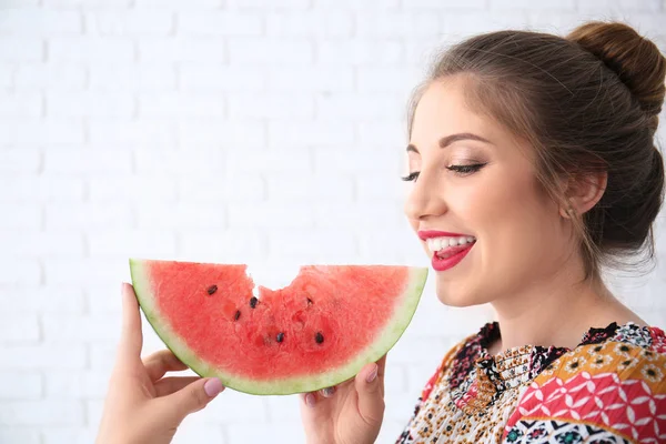 Beautiful Young Woman Slice Tasty Watermelon Light Background — Stock Photo, Image