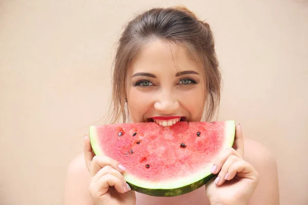 Beautiful Young Woman Eating Slice Tasty Watermelon Light Background — Stock Photo, Image