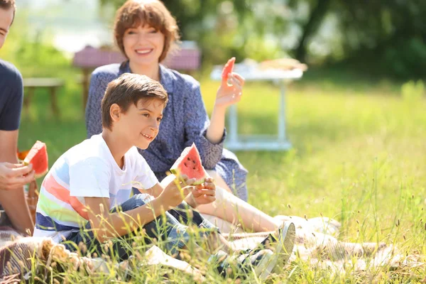 Família Feliz Comer Melancia Piquenique Verão Parque — Fotografia de Stock