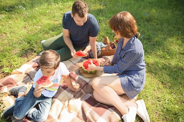 Família Feliz Comer Melancia Piquenique Verão Parque — Fotografia de Stock