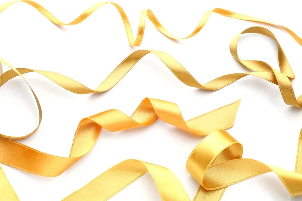 Golden Satin Ribbons White Background — Stock Photo, Image