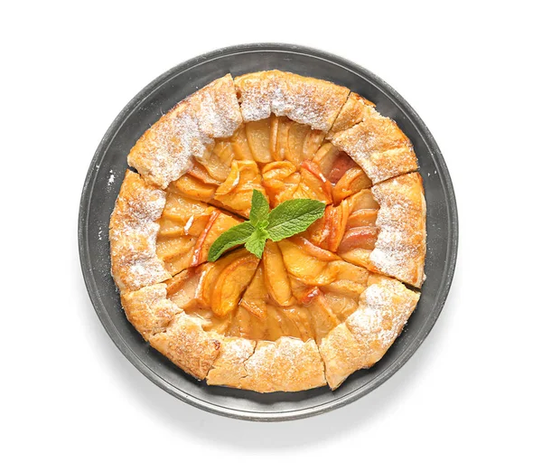 Teller Mit Köstlicher Pfirsich Galette Auf Weißem Hintergrund — Stockfoto