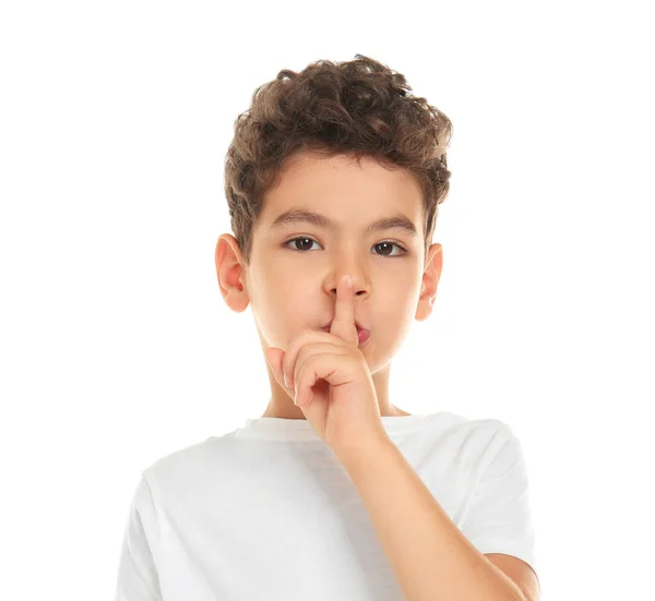 Lindo Niño Mostrando Gesto Silencio Sobre Fondo Blanco —  Fotos de Stock