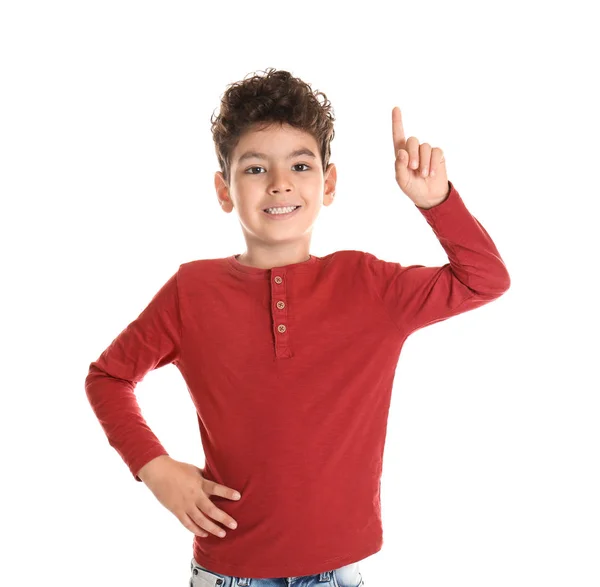 Cute Little Boy Showing Eureka Sign White Background — Stock Photo, Image