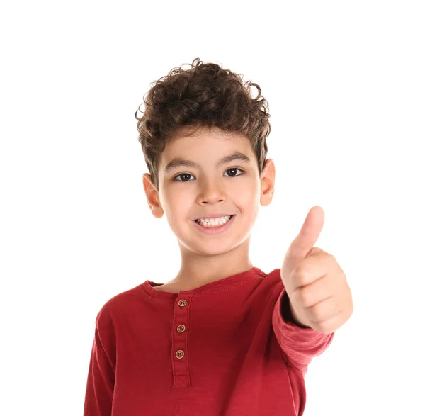 Lindo Niño Mostrando Gesto Pulgar Hacia Arriba Sobre Fondo Blanco — Foto de Stock