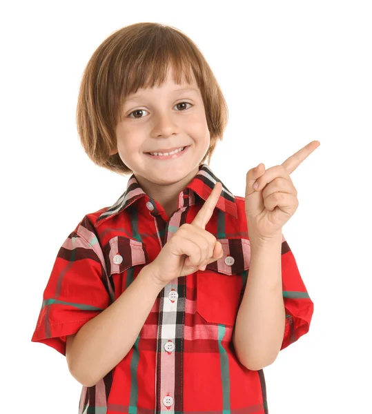 Menino Bonito Apontando Com Dedos Fundo Branco — Fotografia de Stock