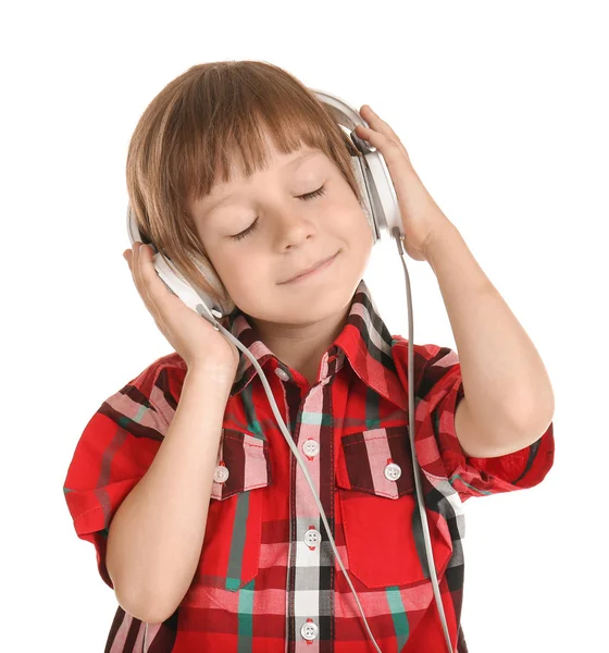 Petit Garçon Mignon Avec Écouteurs Écoutant Musique Sur Fond Blanc — Photo