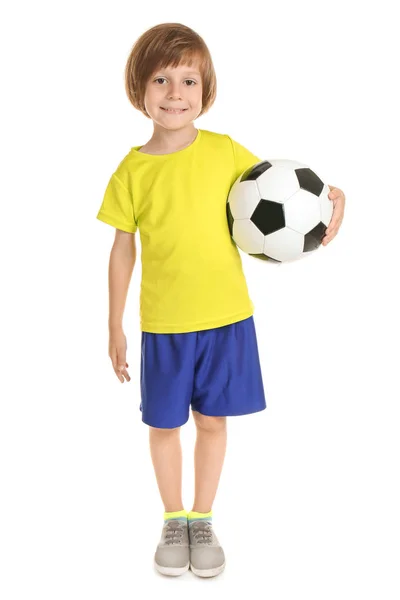 Ragazzino Giocoso Con Pallone Calcio Sfondo Bianco — Foto Stock