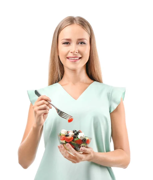 Vacker Kvinna Äta Färska Grönsaker Sallad Vit Bakgrund — Stockfoto