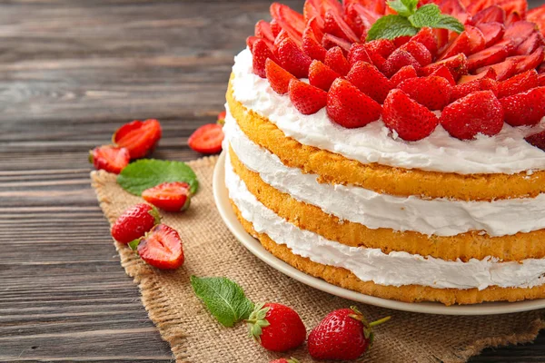 Delicious Strawberry Cake Wooden Table Closeup — Stock Photo, Image