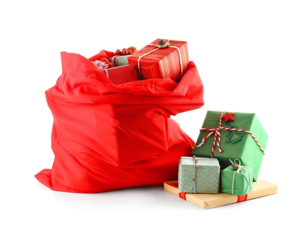 Santa Claus Bag Full Gifts White Background — Stock Photo, Image