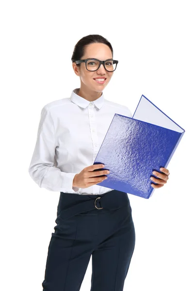 Schöne Geschäftsfrau Mit Ordner Auf Weißem Hintergrund — Stockfoto
