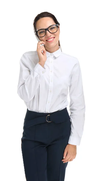 Beautiful Businesswoman Talking Mobile Phone White Background — Stock Photo, Image