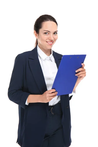 Beautiful Businesswoman Clipboard White Background — Stock Photo, Image