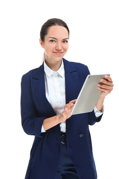 Schöne Geschäftsfrau Mit Tablet Computer Auf Weißem Hintergrund — Stockfoto