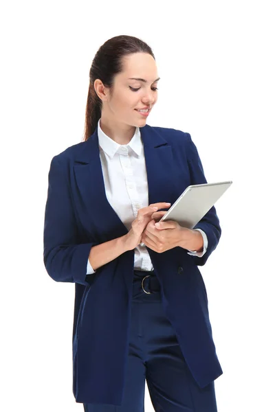 Mulher Negócios Bonita Com Computador Tablet Fundo Branco — Fotografia de Stock