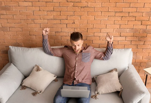 Happy Freelancer Working Laptop Home — Stock Photo, Image