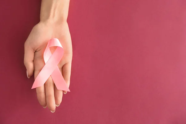 Woman Holding Pink Ribbon Color Background Breast Cancer Awareness Concept — Stock Photo, Image