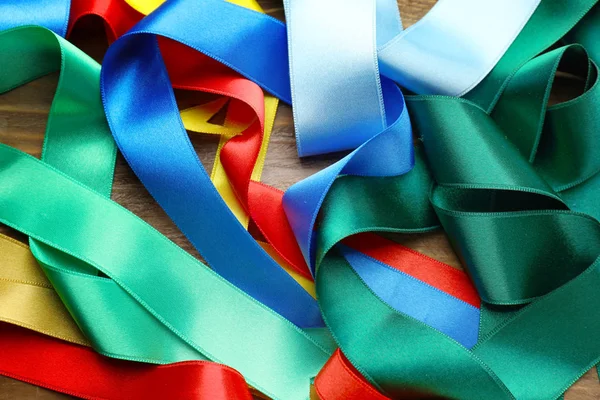 Different Satin Ribbons Wooden Table Closeup — Stock Photo, Image