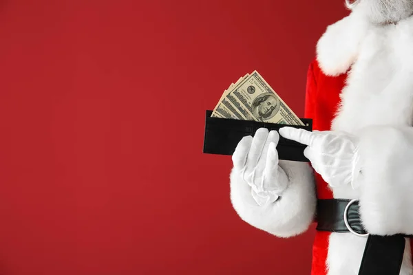 Санта Клаус Деньгами Цветном Фоне Крупным Планом — стоковое фото