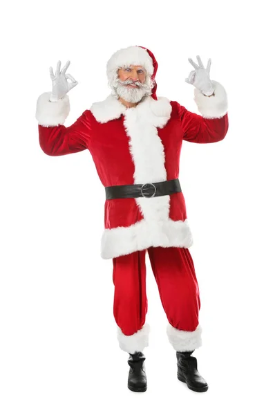 Retrato Papai Noel Mostrando Gesto Sobre Fundo Branco — Fotografia de Stock