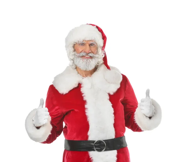 Retrato Papai Noel Mostrando Polegar Para Cima Fundo Branco — Fotografia de Stock