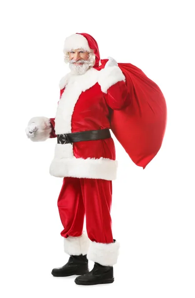 Porträt Von Weihnachtsmann Mit Tasche Voller Geschenke Auf Weißem Hintergrund — Stockfoto