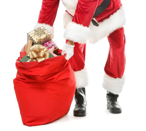 Święty Mikołaj Torbą Pełną Prezenty Białym Tle — Zdjęcie stockowe