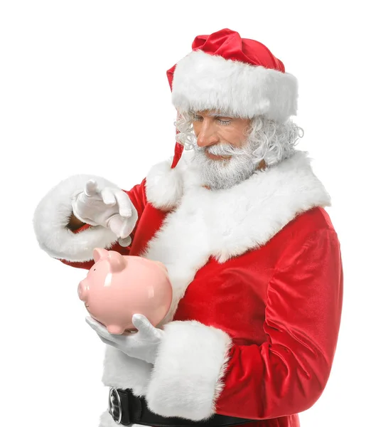 Санта Клаус Кладет Монету Копилку Белом Фоне — стоковое фото